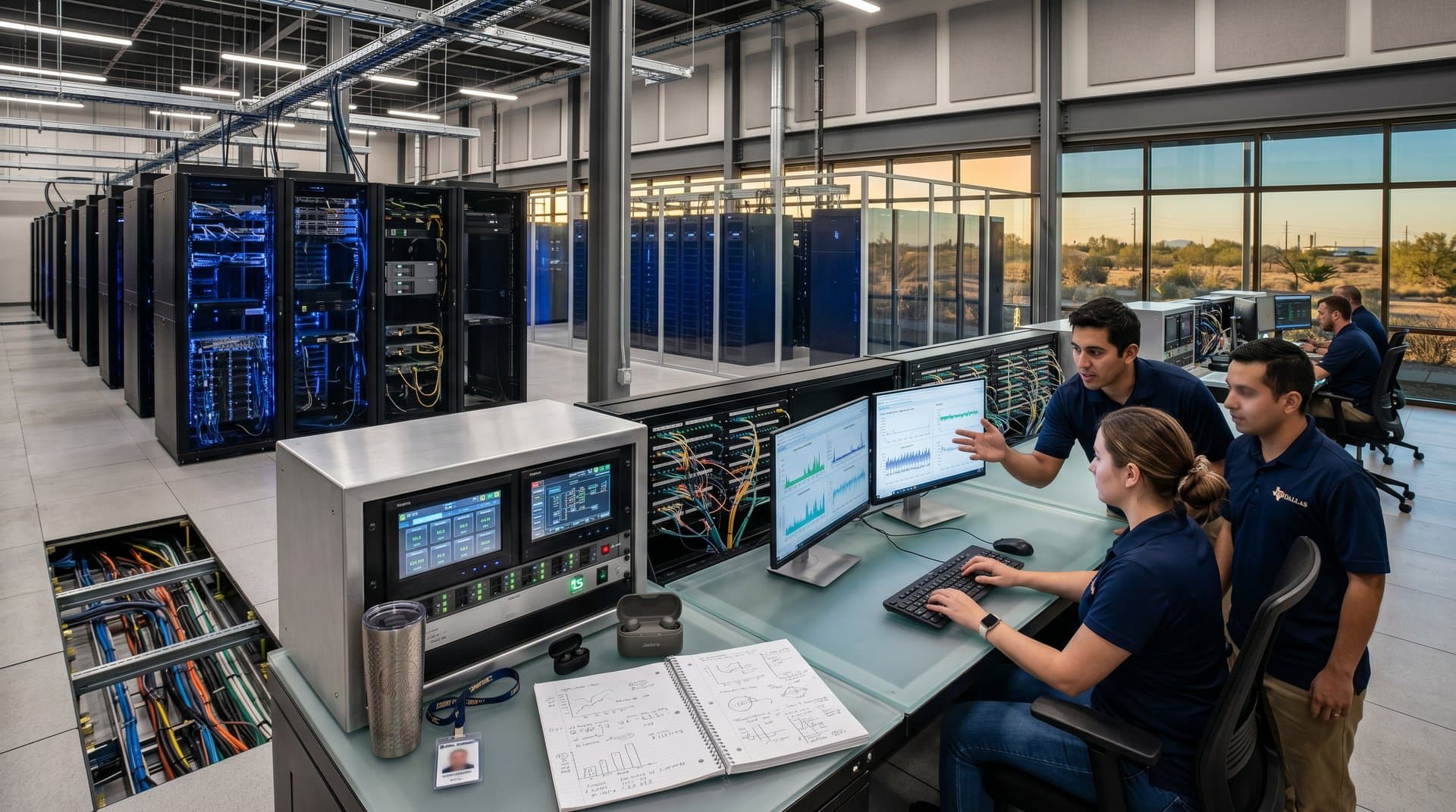 Engineer checks power unit amid server racks and monitoring stations in a high-security Texas data center operations room