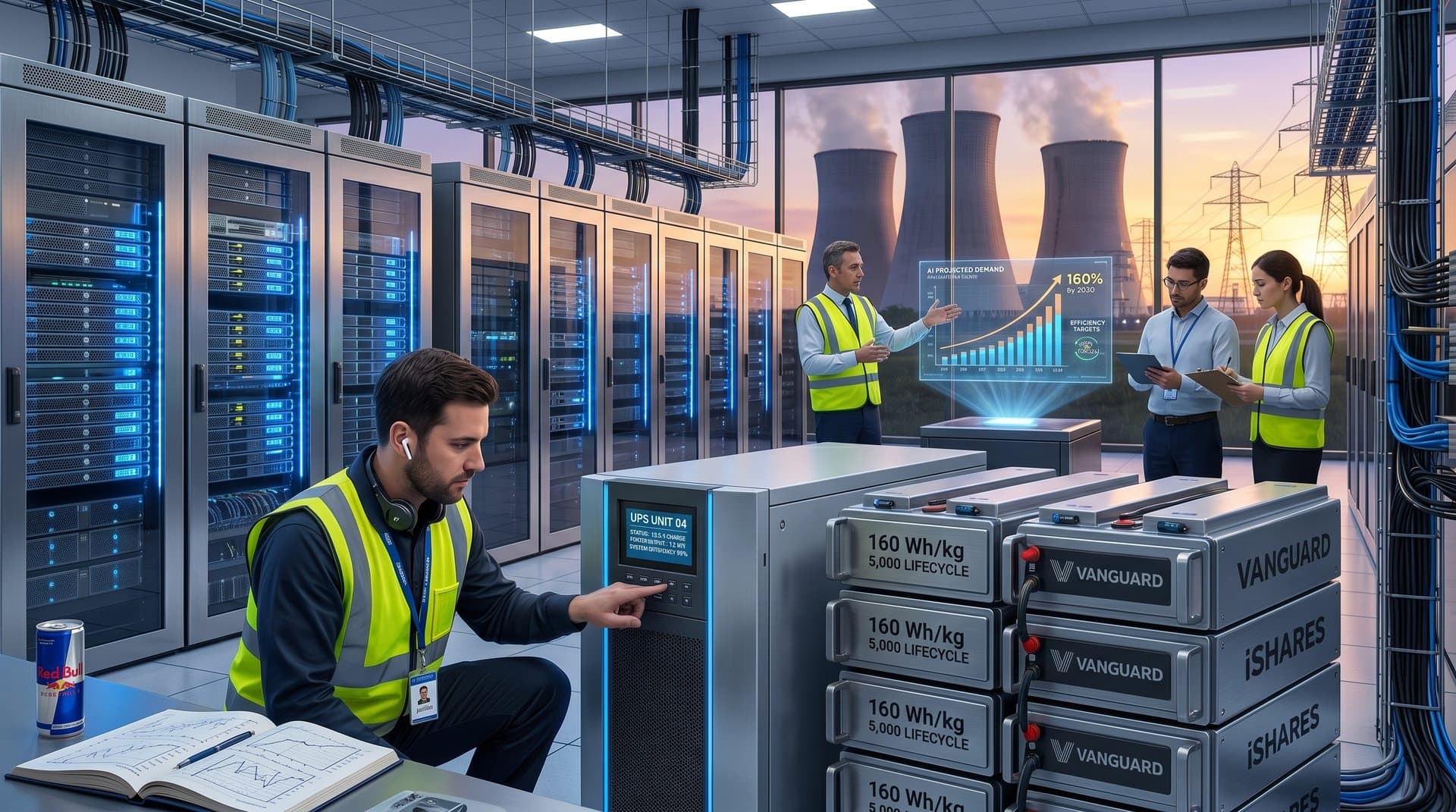 Futuristic data center with server racks, lithium-ion UPS batteries, and grid storage supporting AI power demands