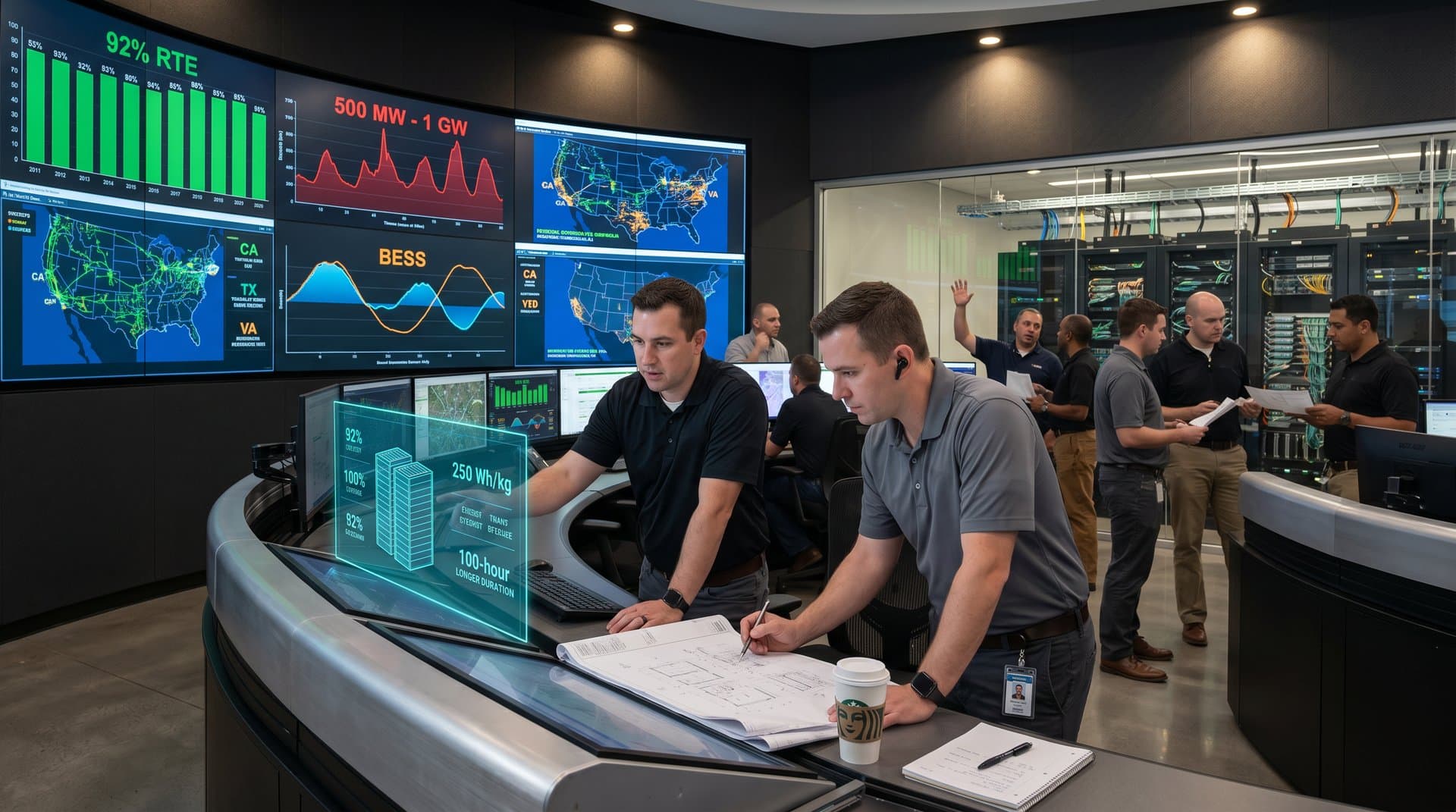 Grid control center displays battery RTE and power demand from AI data centers