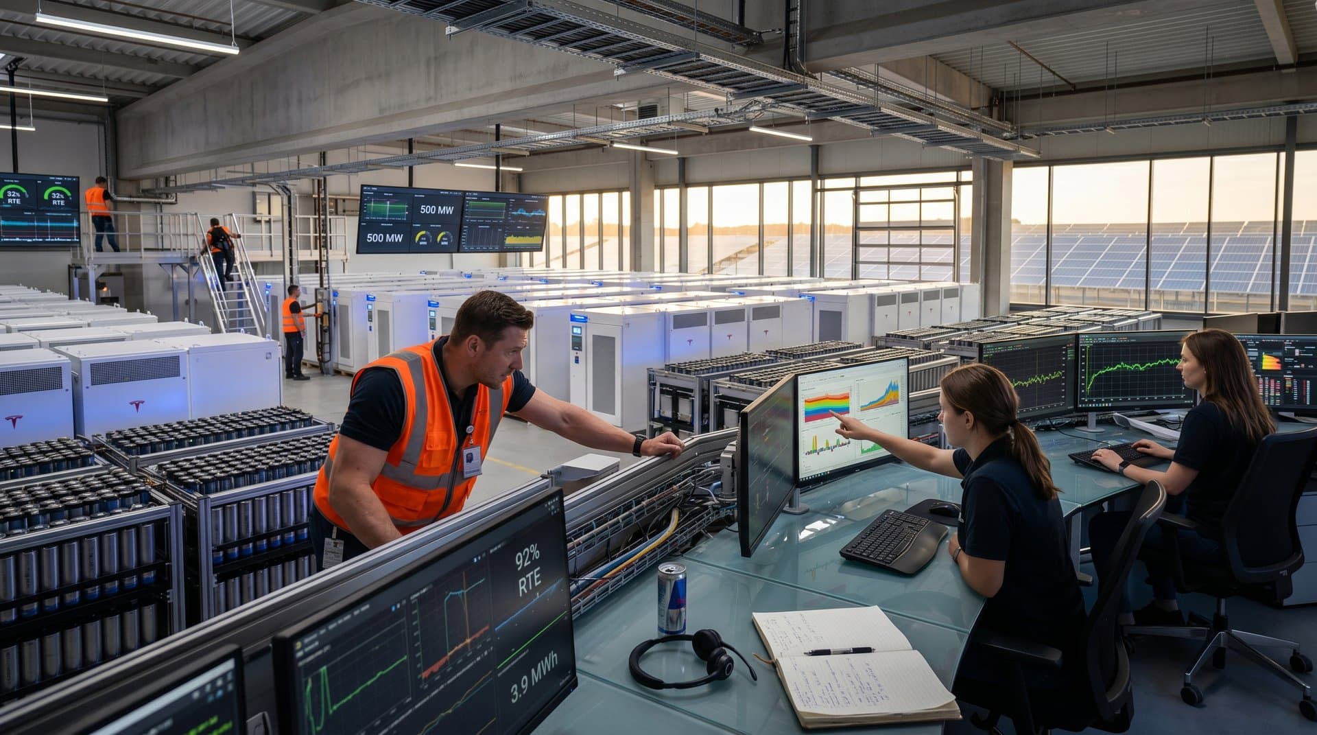 Data center control room with lithium-ion battery racks and Megapack hall for AI grid storage