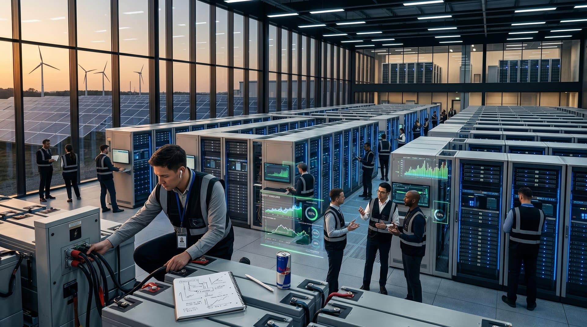 Data center with battery storage arrays, AI power graphs, renewables grid integration