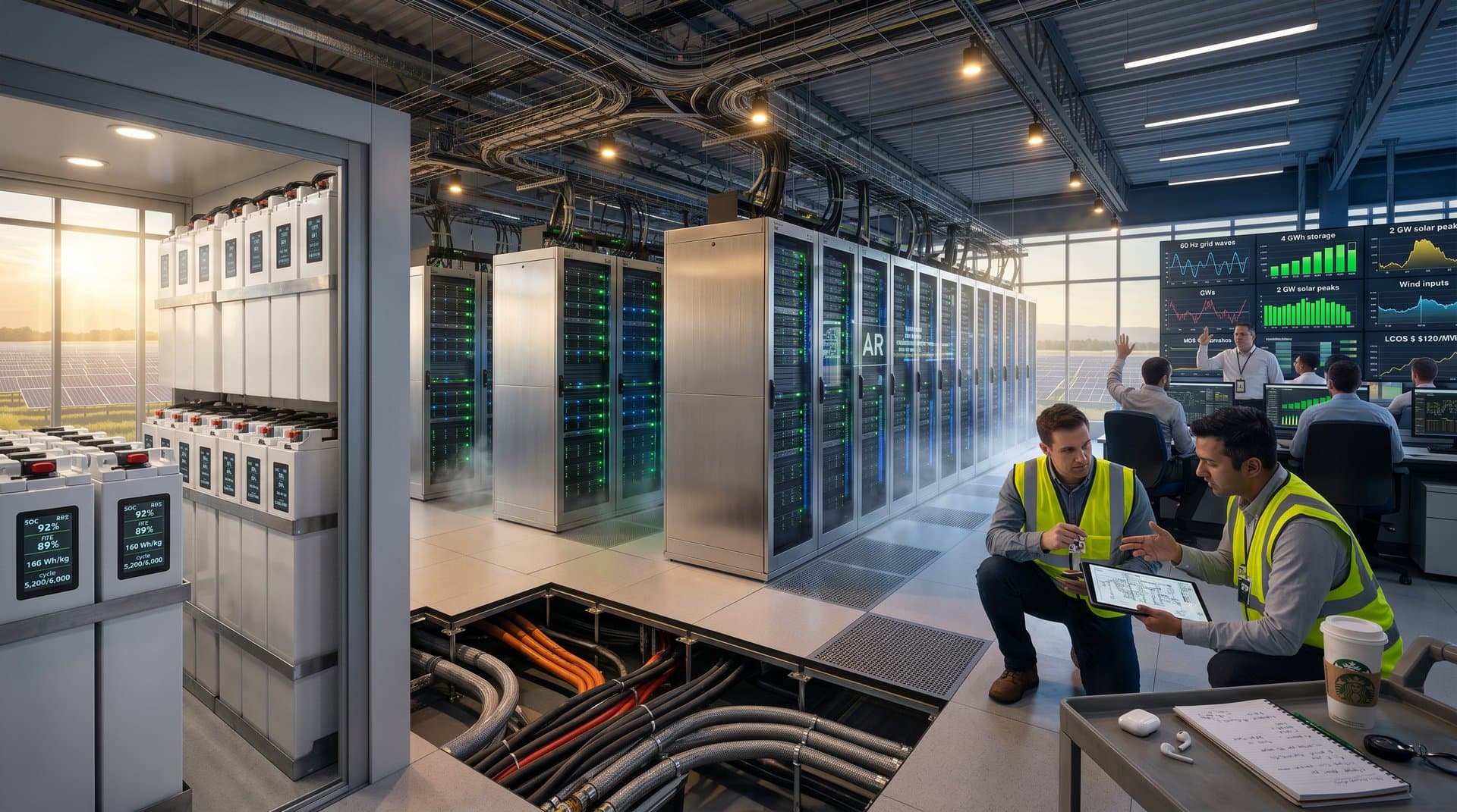 AI data center server racks and UPS battery systems with grid storage displays