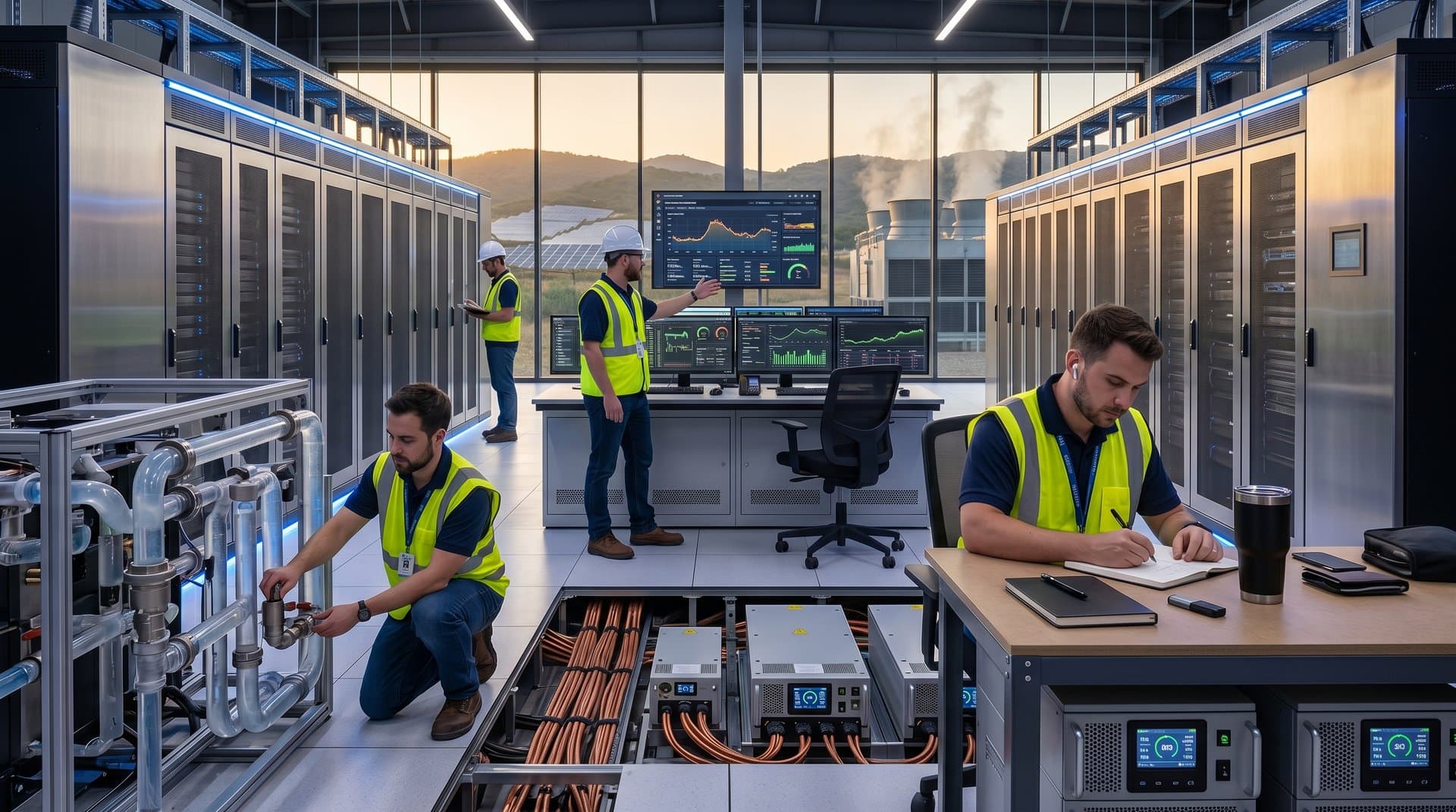 Technicians monitor server racks and battery storage consoles in a bustling Tier IV data center powering finance AI workloads