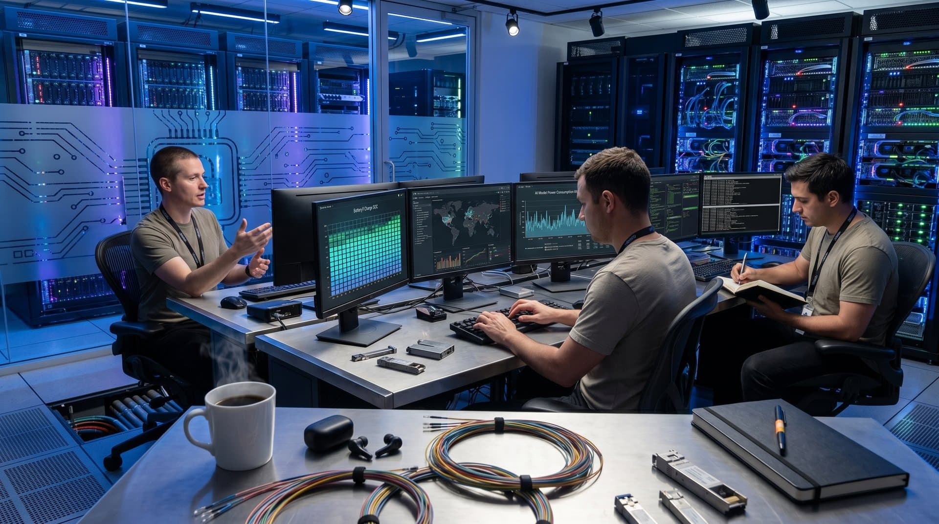 Control room screens show grid battery cybersecurity threats and AI power data amid data center infrastructure