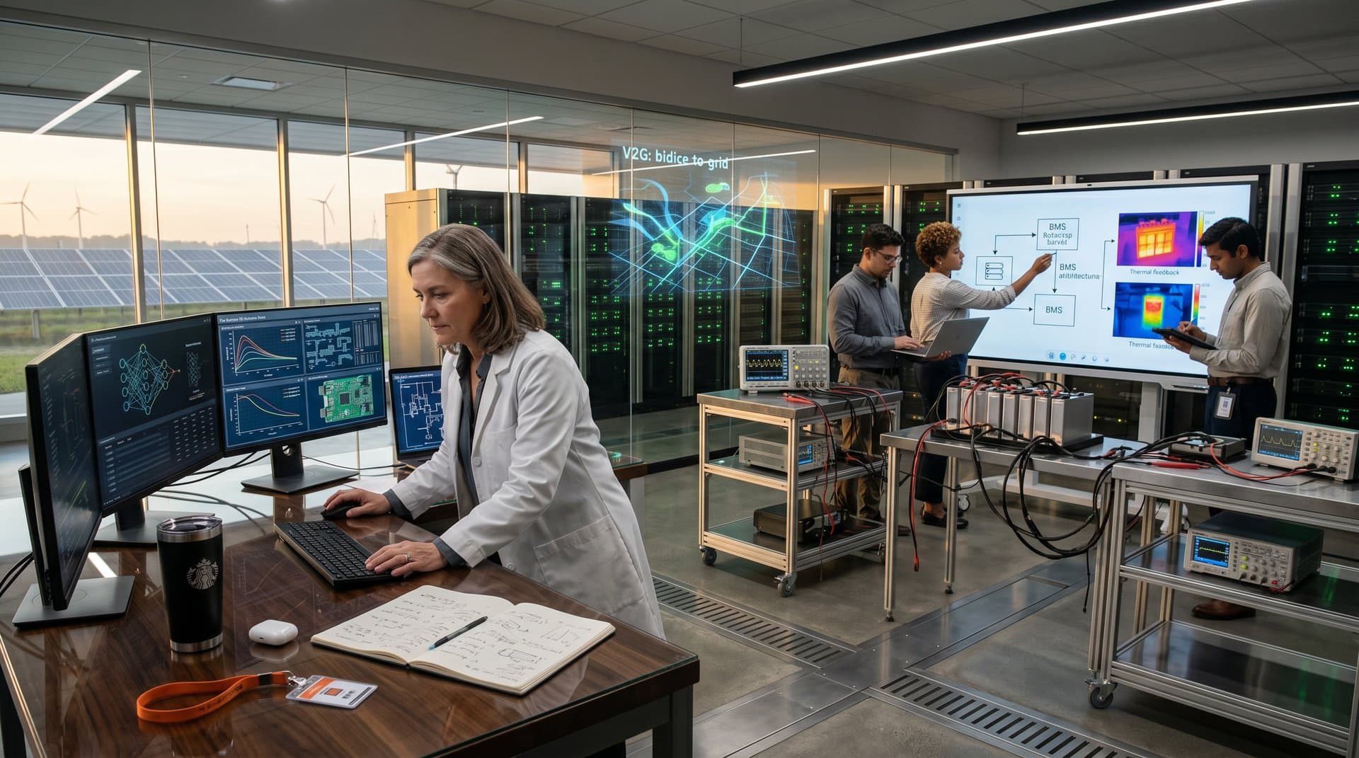 AI lab with battery efficiency graphs, chip prototypes, test rigs, and team collaboration in high-tech energy research setting