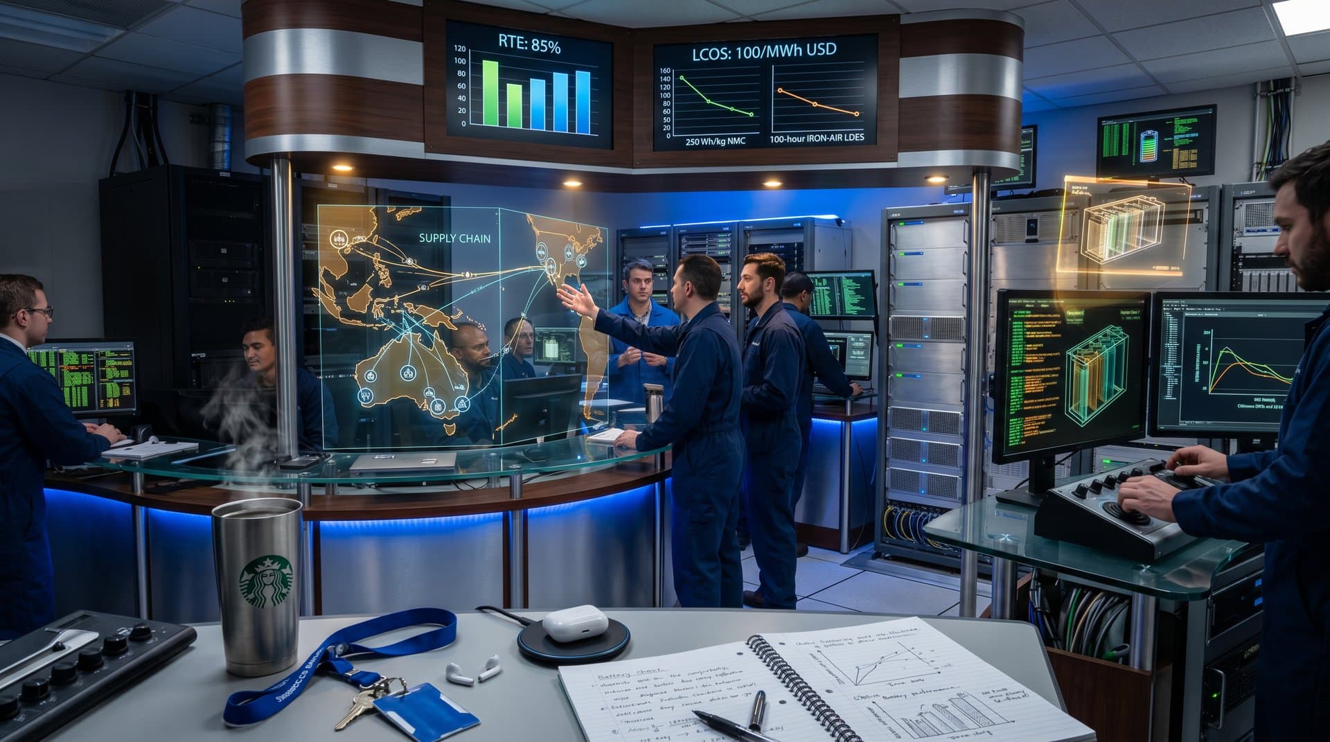 AI-optimized supply chain visualization in energy grid control room with legacy systems and battery storage data flows