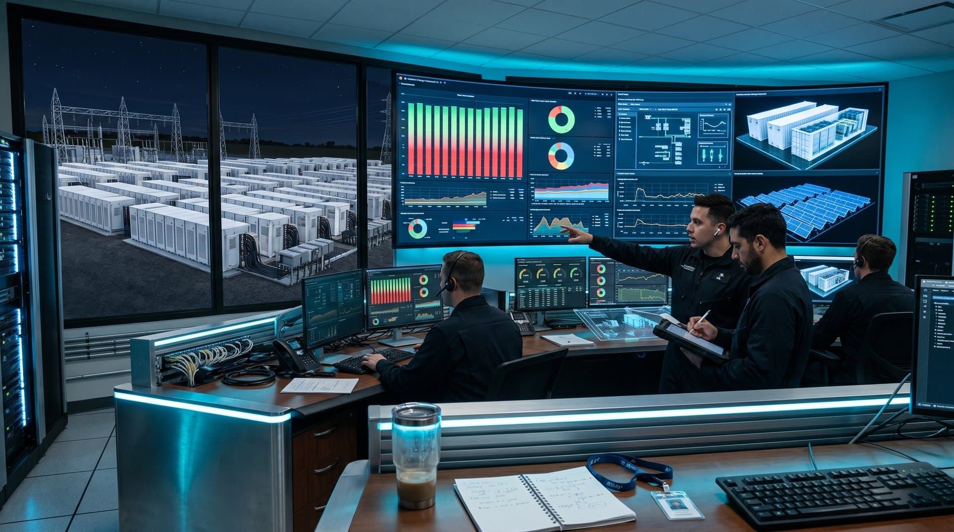 Data center control room with BESS performance dashboards, AI demand graphs, and grid stability metrics amid battery storage infrastructure