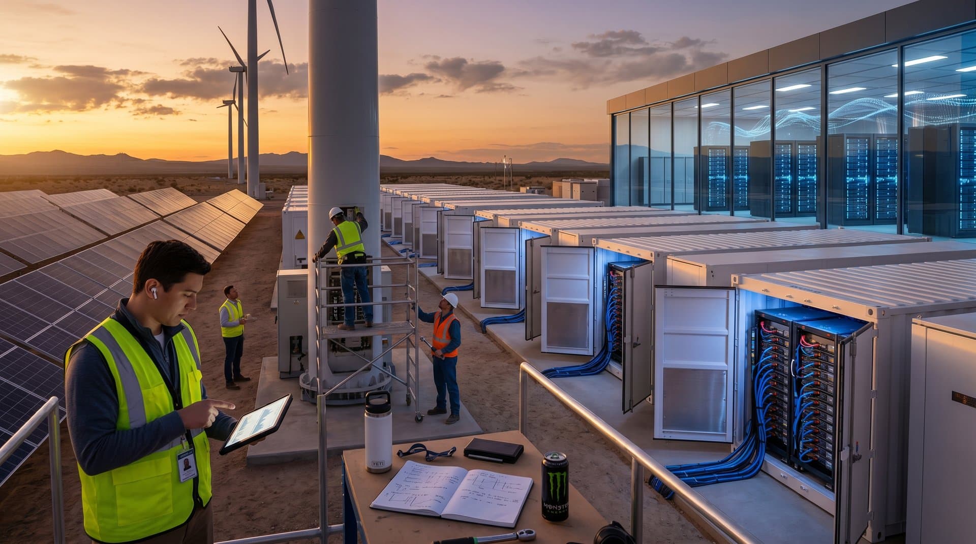 Grid-scale battery storage farm powers AI data center with renewable energy flows and neural network visuals
