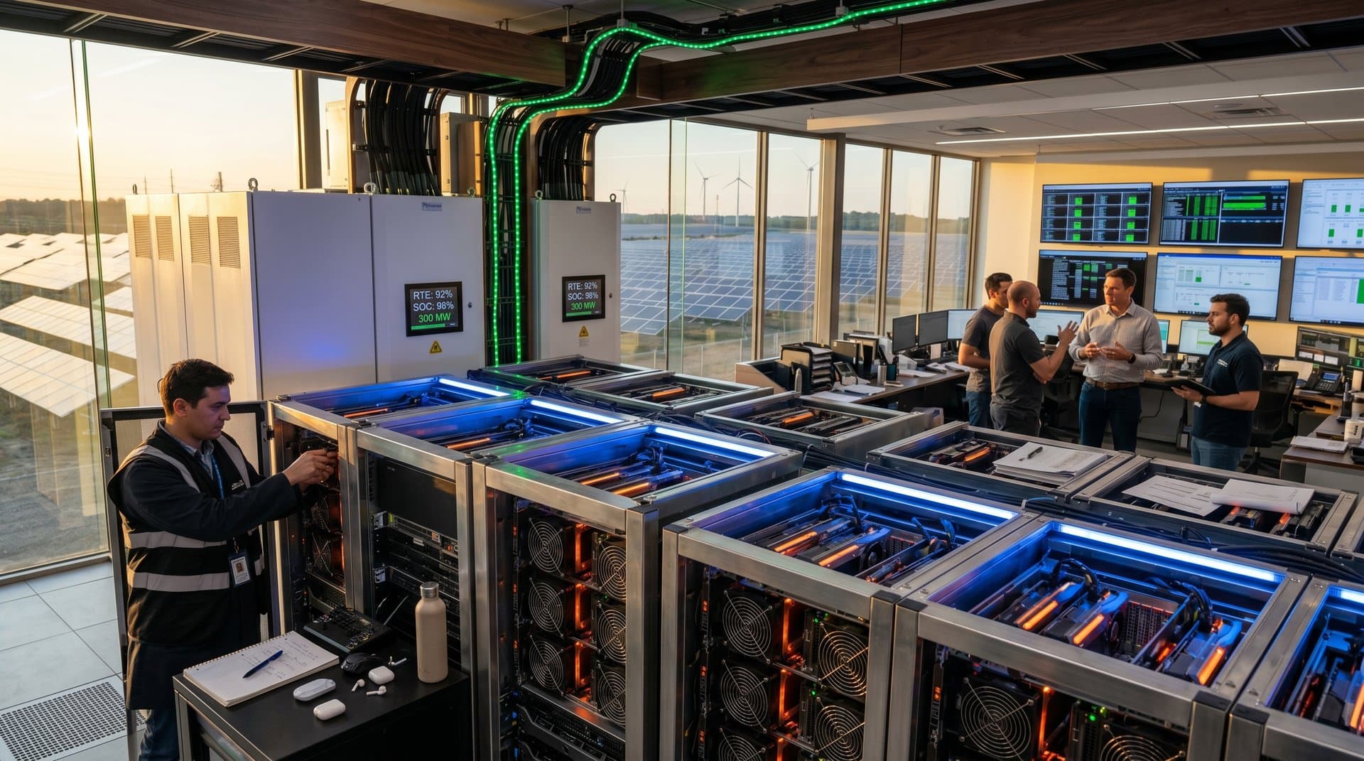 Server racks and battery storage systems in modern data center with solar arrays visible outside