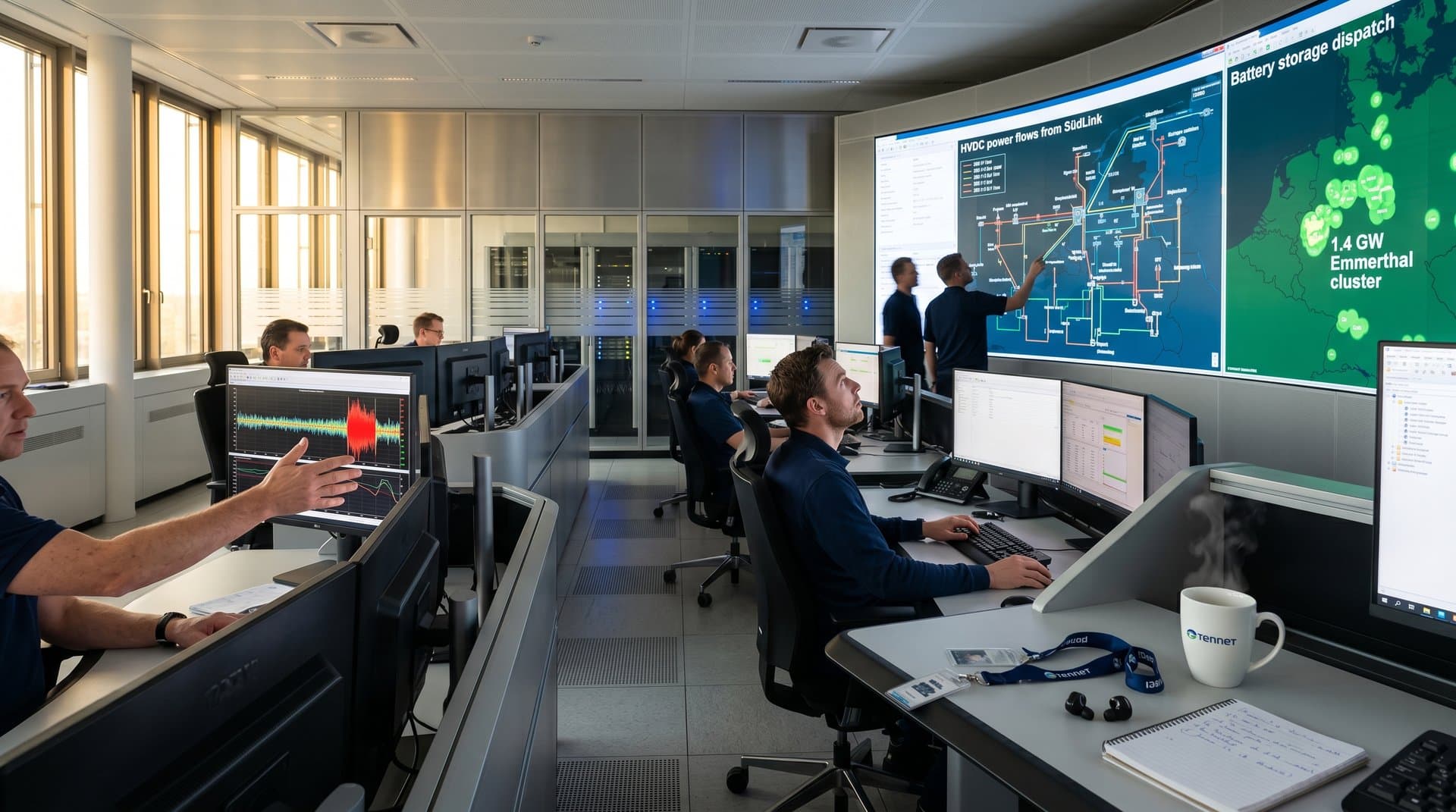 Grid control center video walls show HVDC flows, 1.4 GW Emmerthal battery maps, and 380 kV schematics amid modern consoles and server racks