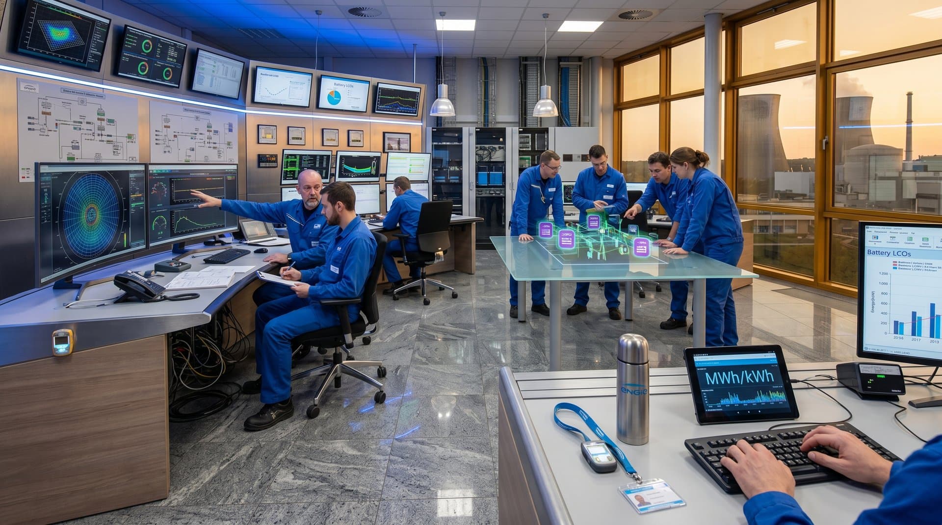 High-tech nuclear control room with screens showing grid flux, reactor data, and storage metrics; cooling towers visible through windows