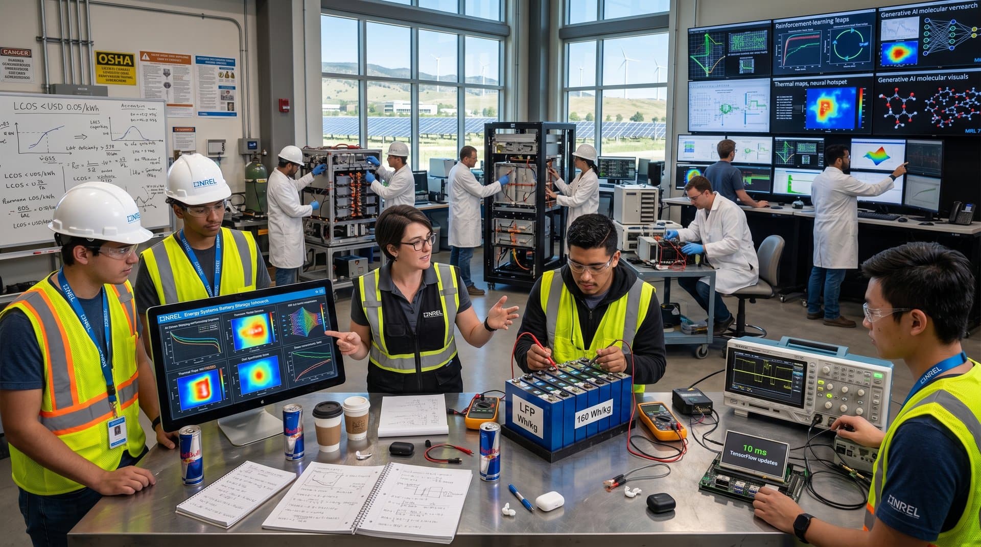 Engineers and apprentices monitor AI battery grid simulations on multi-screen setups amid high-tech racks in NREL lab