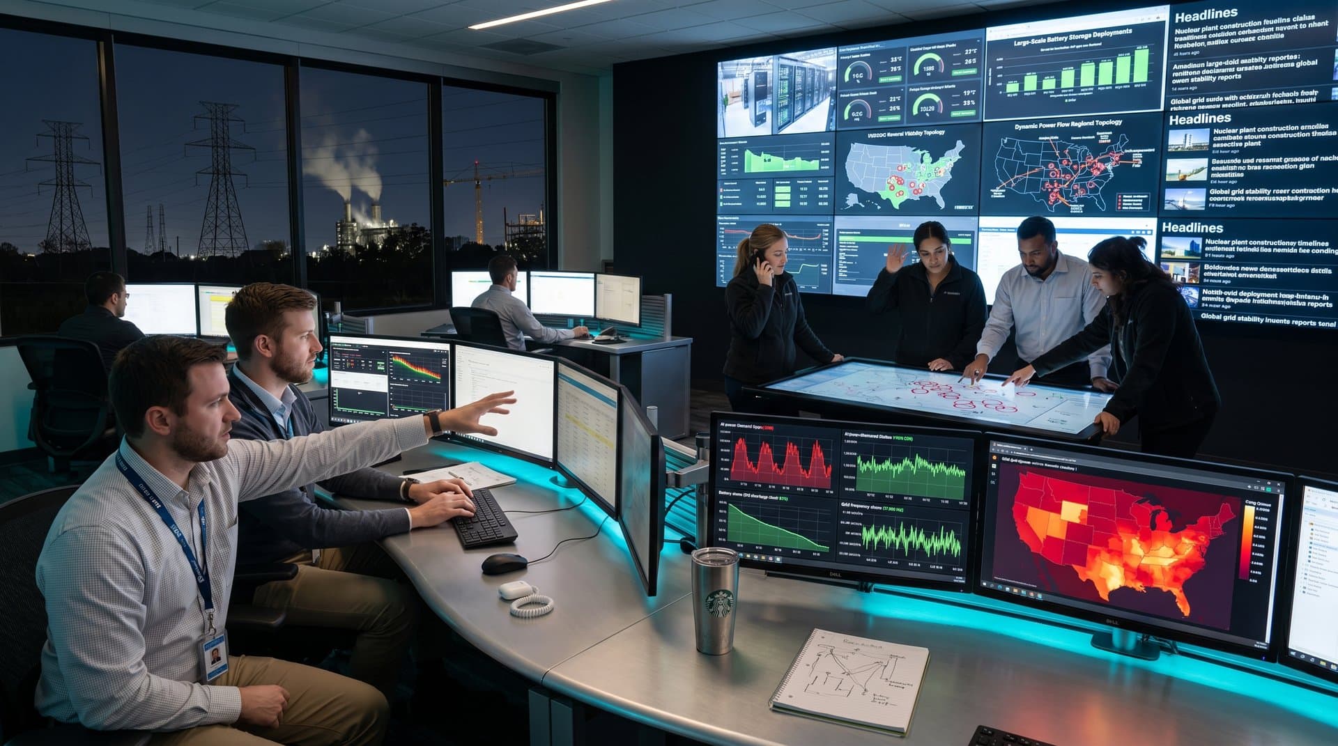 Control room monitors displaying battery storage metrics, power demand graphs, and grid maps amid AI data center operations.