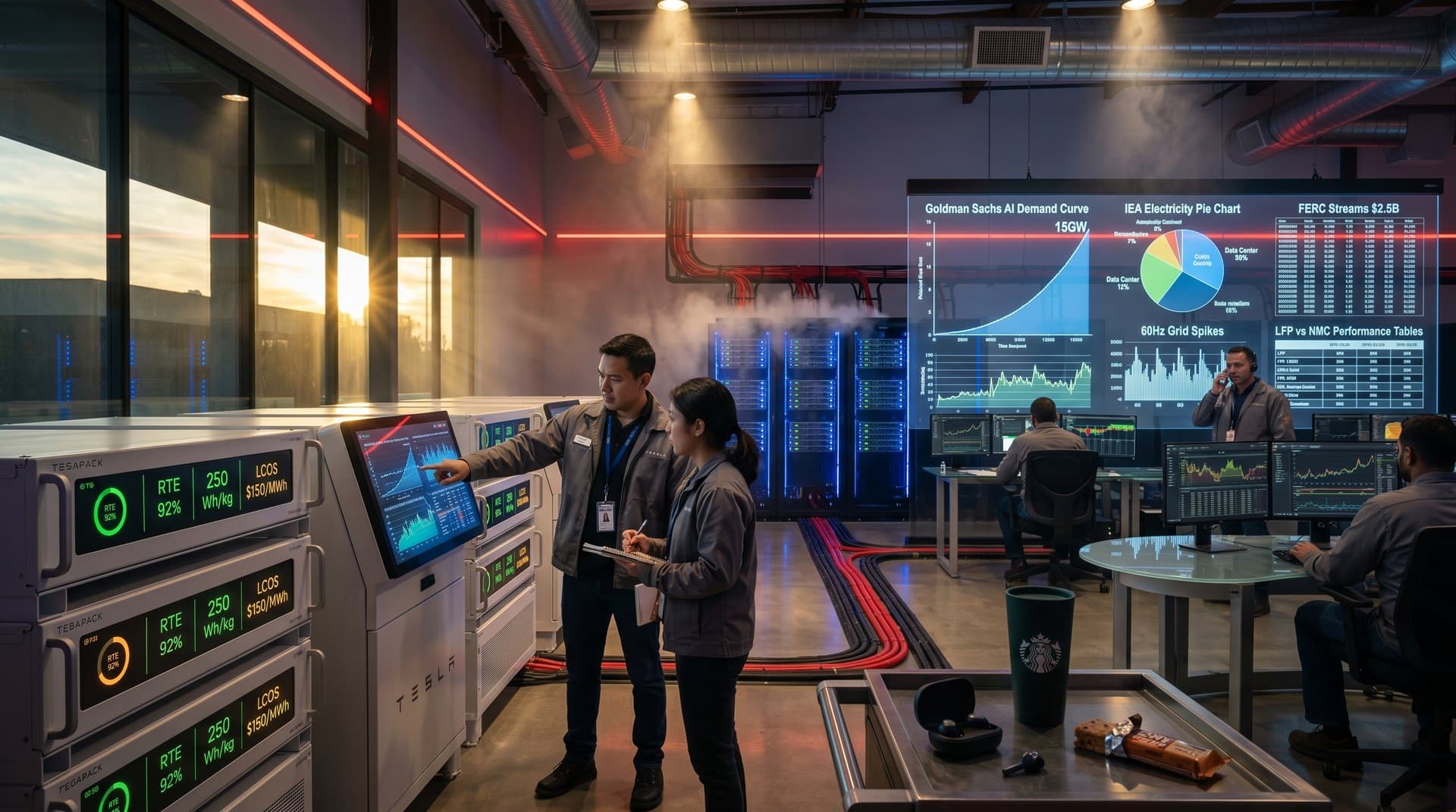 Lithium-ion Megapack batteries and AI power dashboards in a modern data center, displaying RTE, LCOS, and grid stability metrics.