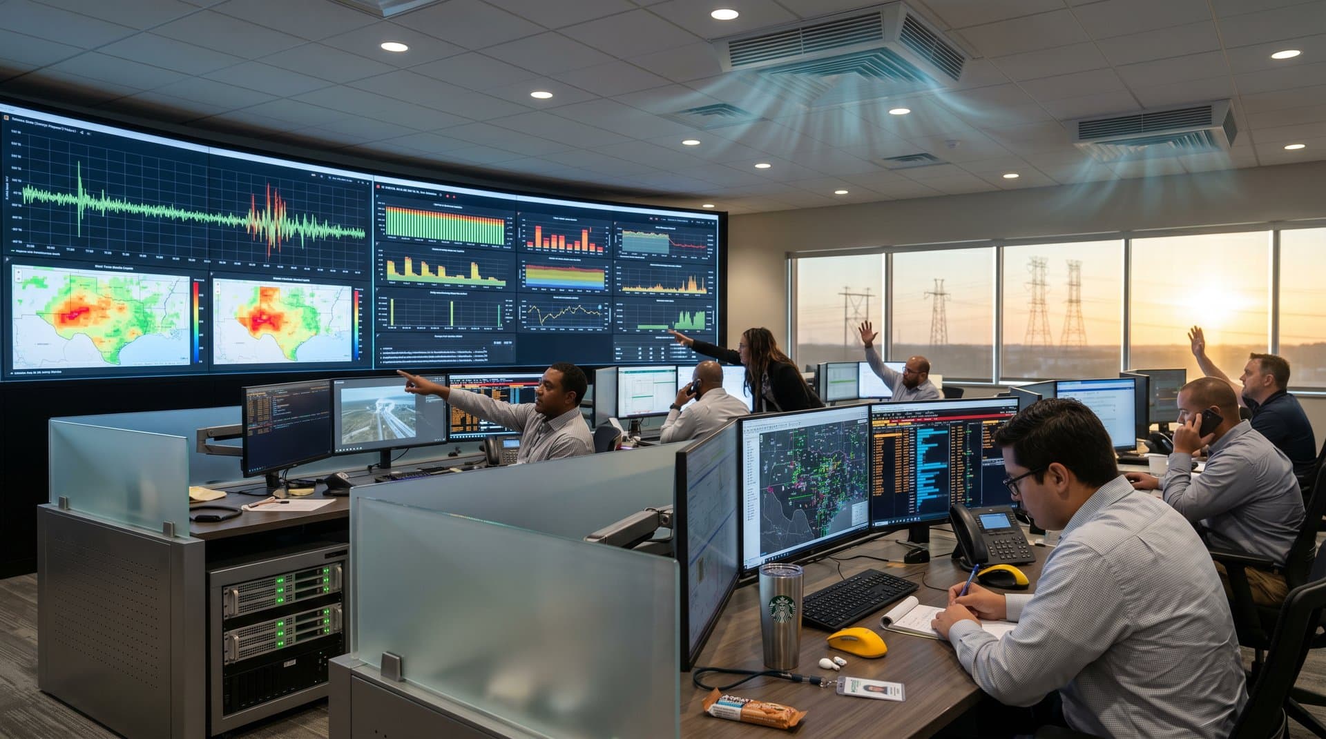 ERCOT control center screens show crypto mining grid spikes and BESS responses.