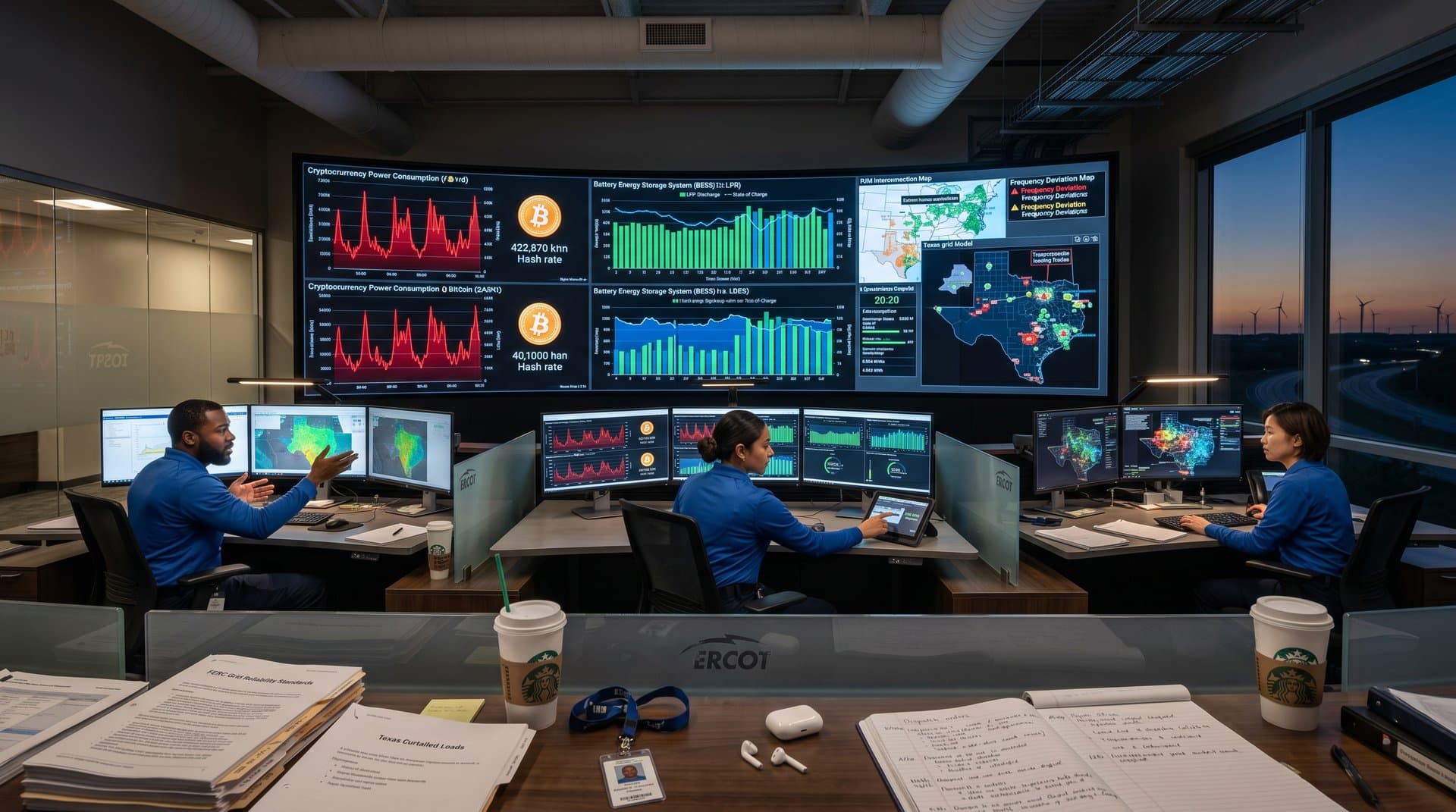 ERCOT control room monitors grid loads from crypto mining data centers with battery storage dispatch displays