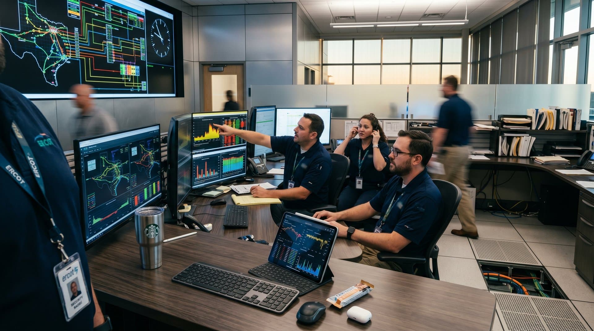 ERCOT control room monitors grid loads from crypto mining, battery storage icons on displays