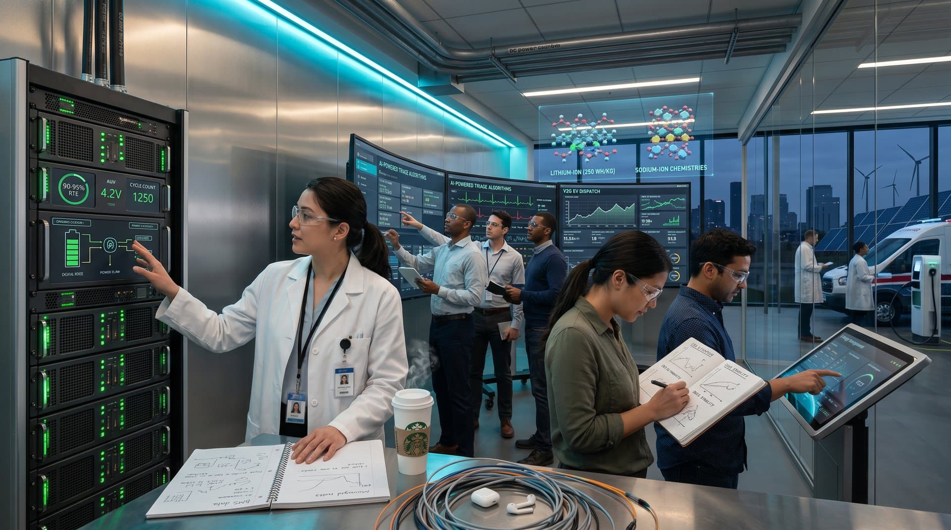 Hospital AI control room featuring battery storage racks, V2G EV stations, and diagnostic screens in modern lighting