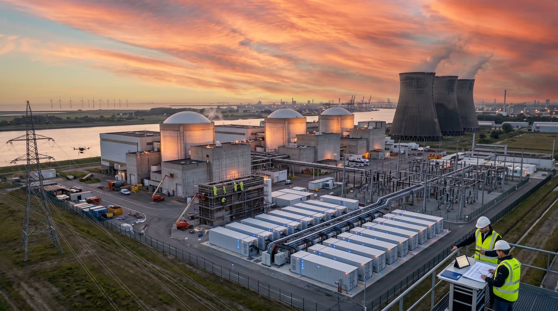 ENGIE nuclear reactors at Doel with cooling towers, transmission lines to wind farms, grid capacity overlay and battery storage