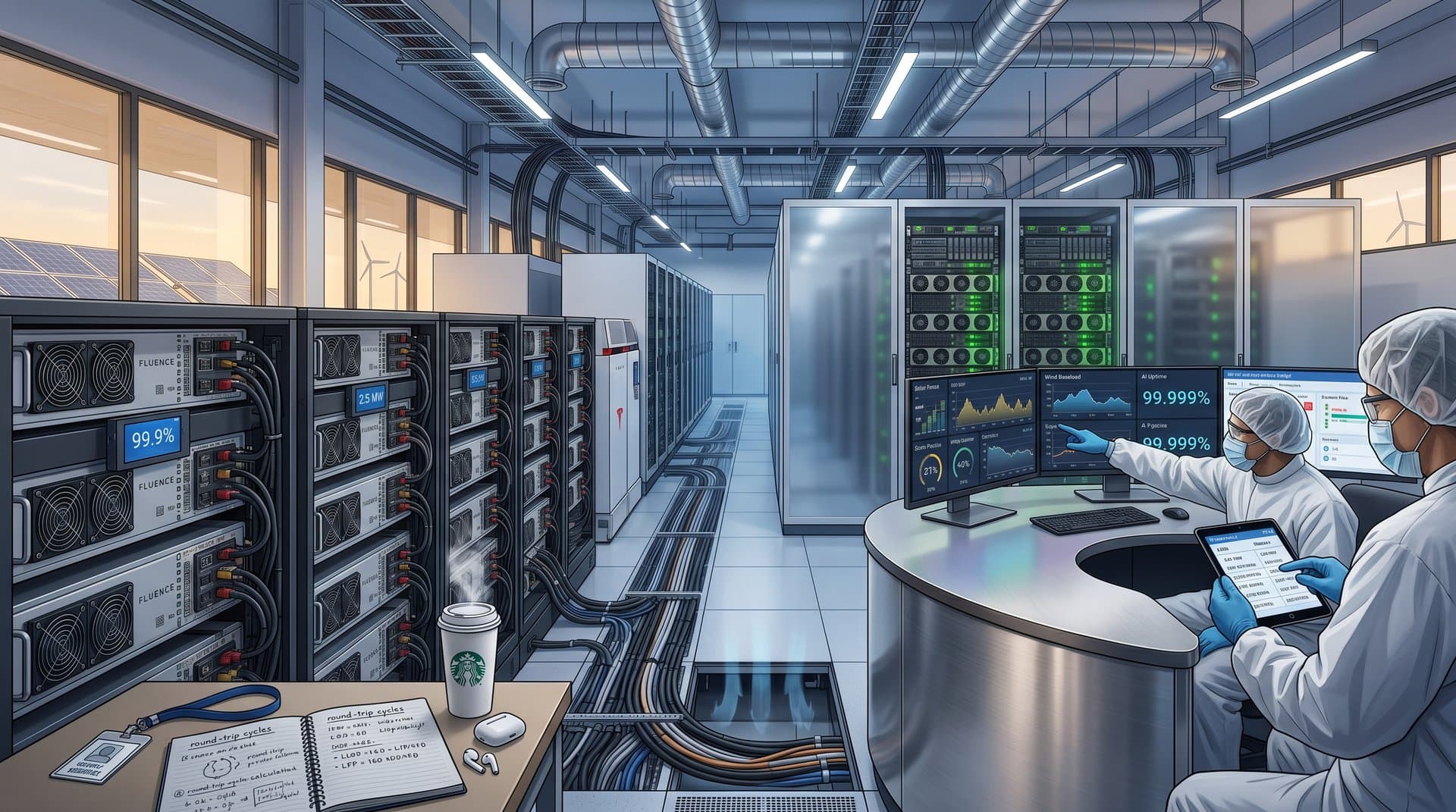 Technician checks battery racks while engineers monitor AI and solar power screens in busy Tier IV data center