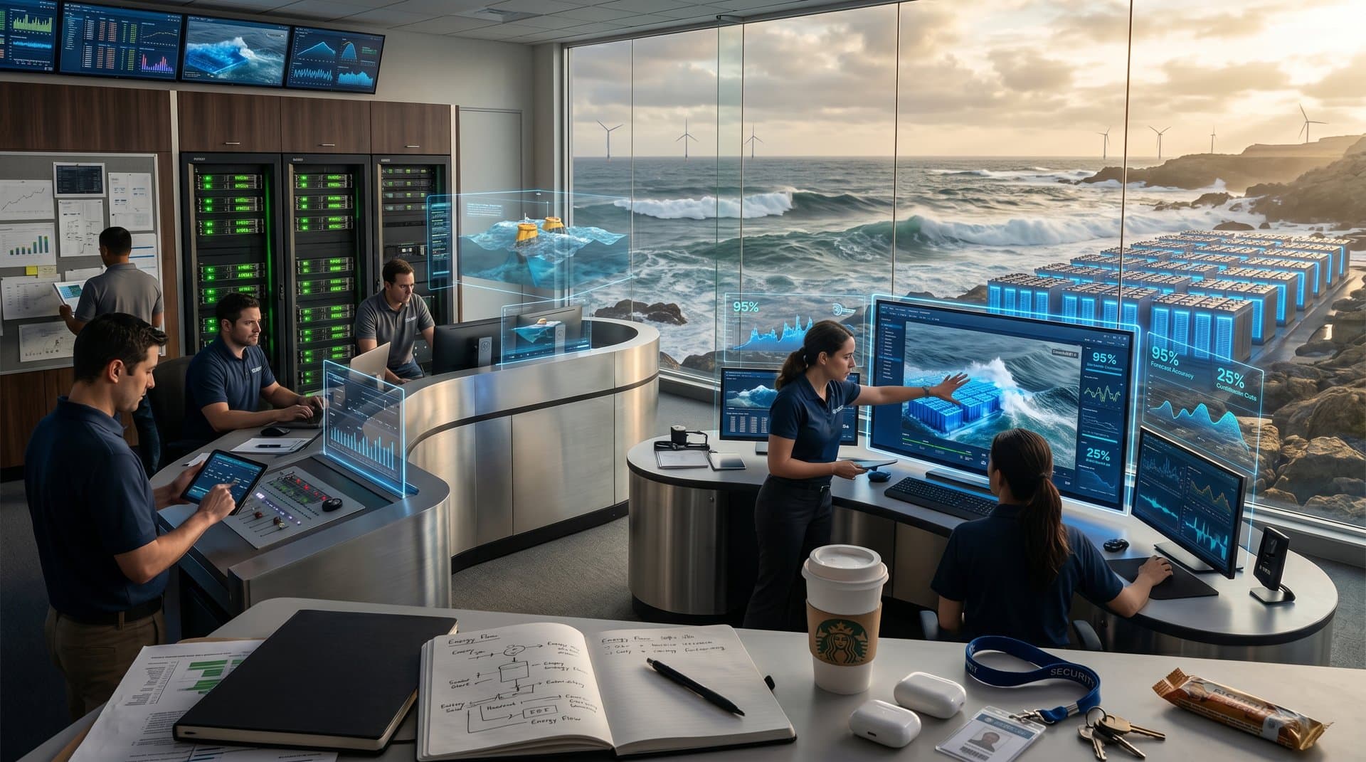 AI-driven wave energy technology visualization in NVIDIA control room with grid storage optimization models
