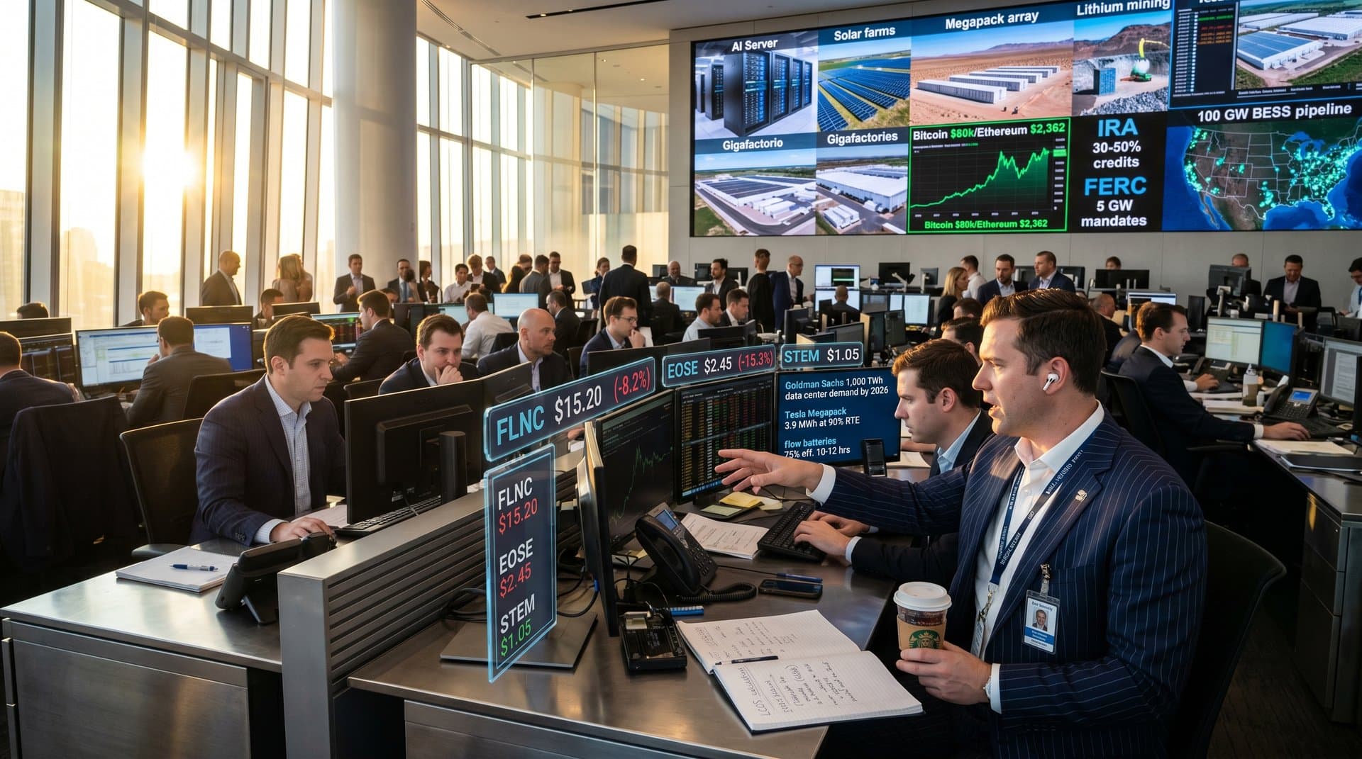 Dynamic stock charts and BESS metrics on screens in a high-energy trading room highlighting AI sell-off impacts on energy storage