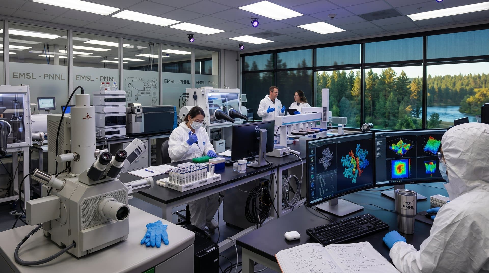 PNNL cleanroom with AI-optimized nuclear waste glass samples, electron microscope, simulations on monitor amid lab equipment