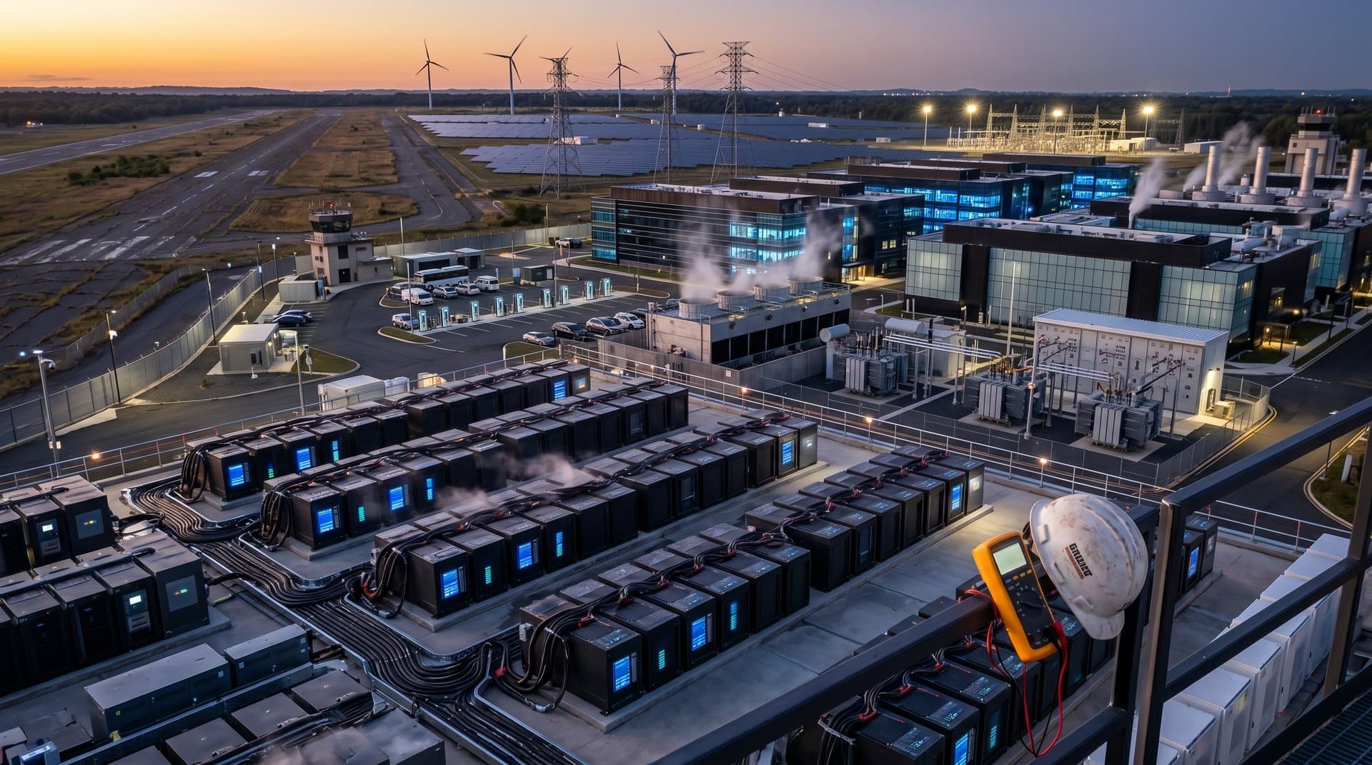 Repurposed airport with AI data center buildings, battery storage containers, solar arrays, and transmission lines under dusk sky
