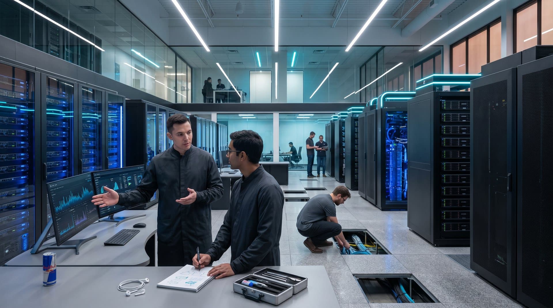 Modern data center with server racks, AI dashboards, and energy efficiency displays under LED lighting