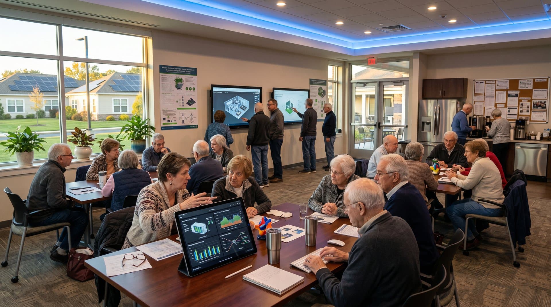 Seniors collaborate on AI battery optimization dashboards in township senior center with solar views and grid simulations