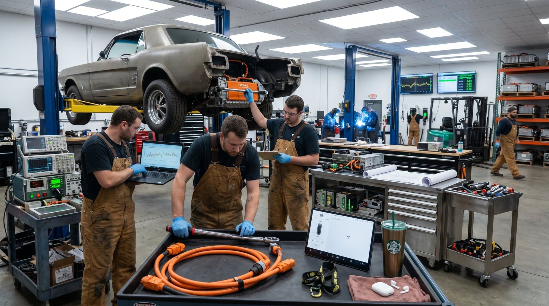 Mechanics install Tesla Model 3 battery pack into 1966 Ford Mustang chassis in auto shop amid tools and diagnostics