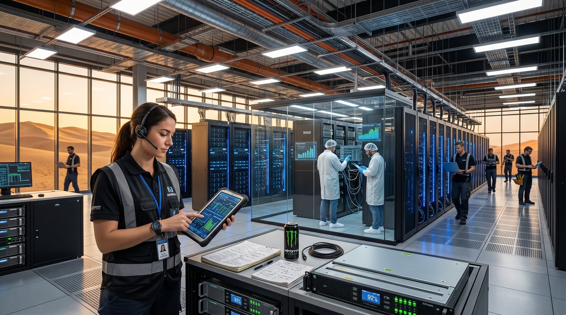 Modern data center interior featuring battery storage modules integrated with AI server racks and power management systems