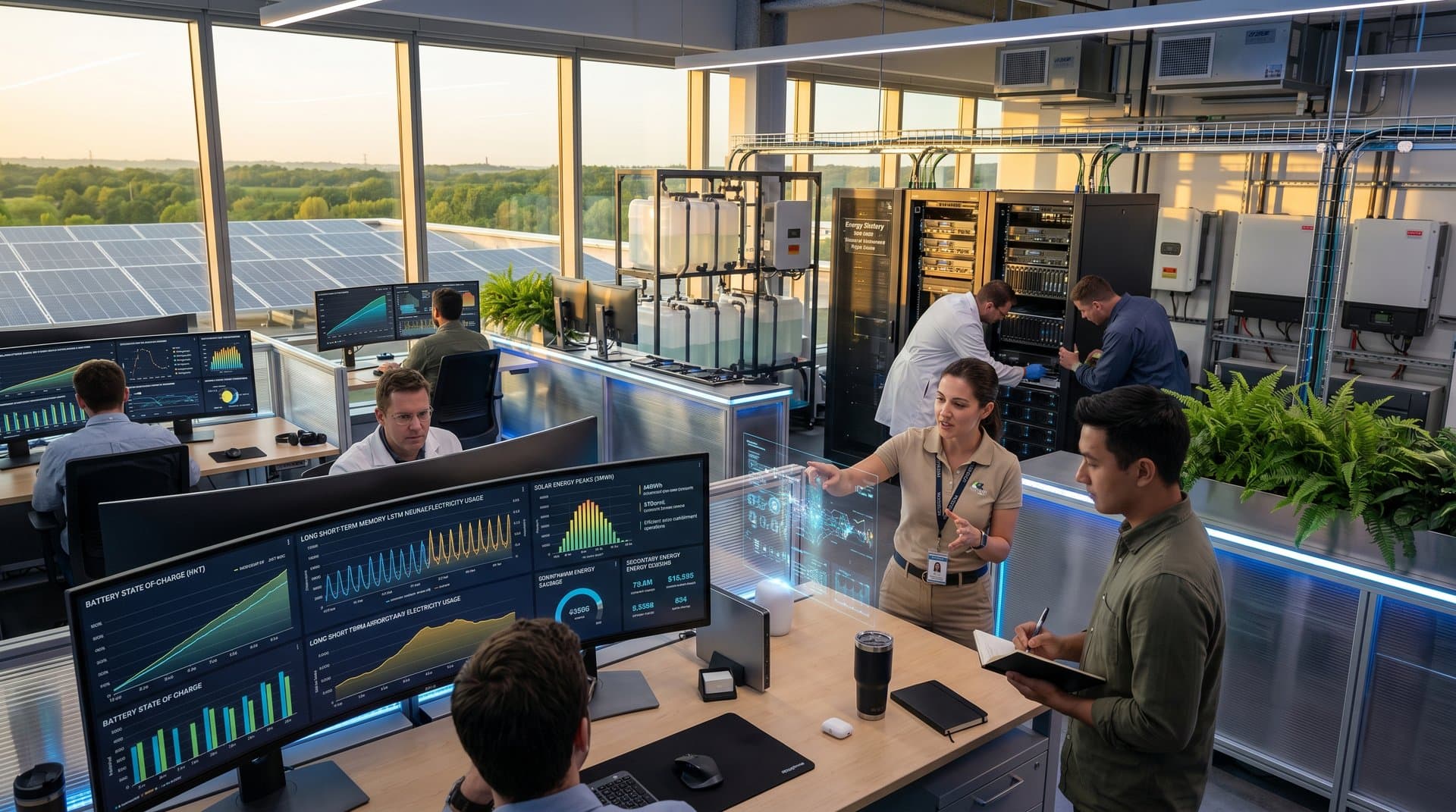 Engineers at Google DeepMind lab analyze AI energy storage dashboards on multi-monitor setups amid servers and battery racks