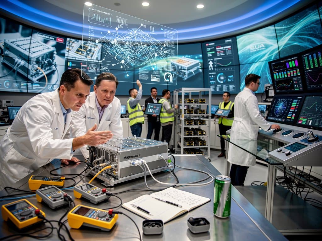 Stellantis-Microsoft AI deal in EV battery lab: AI simulations, production dashboards, and grid integration visuals