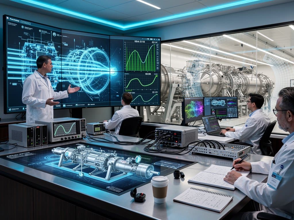 Fermilab control room screens show AI-optimized beam paths and energy data amid GPU racks and cryomodule views
