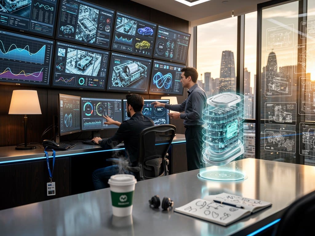AI dashboards display EV battery production and V2G grid simulations in modern control room
