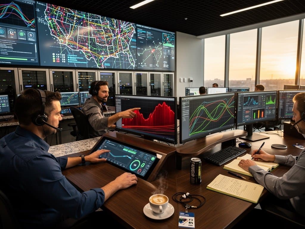PJM control center monitors showing Grant Town mining loads and grid storage dispatches on multi-screens with power maps and graphs