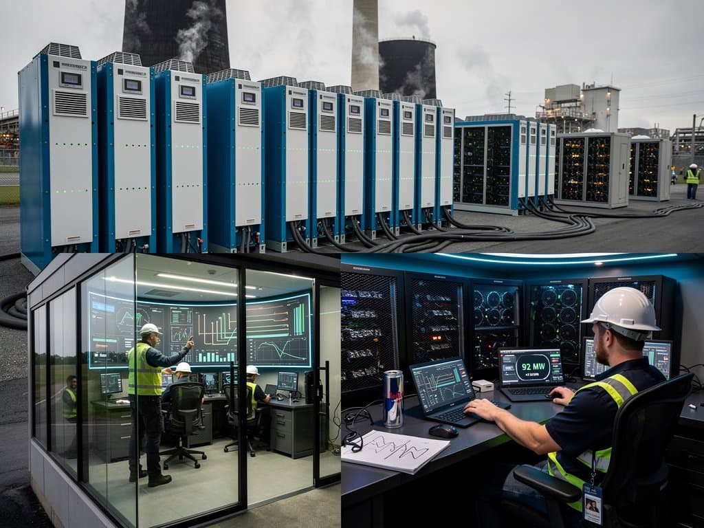 Battery storage systems stabilize grid at Grant Town Power Plant amid 50-100MW crypto mining loads, with control screens and industrial infrastructure