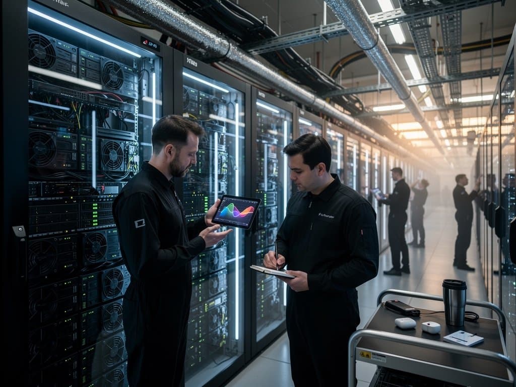 Engineers maintain BESS and GPU servers in advanced data center with grid power monitors