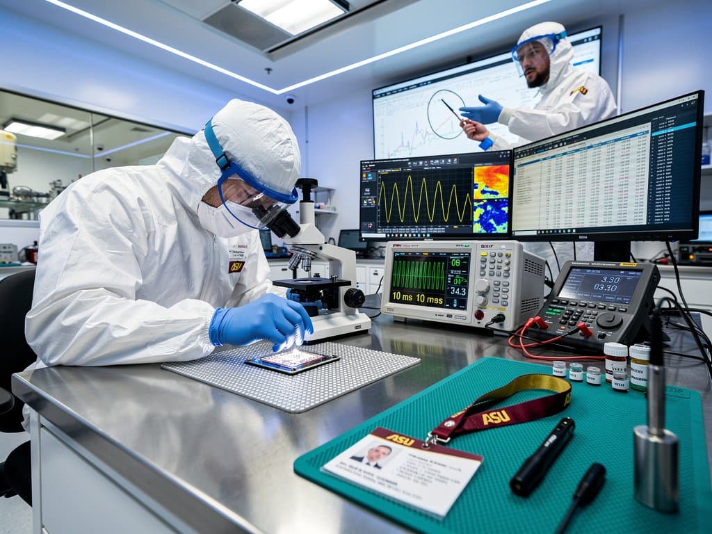 ASU cleanroom workbench with adaptable chip prototype, oscilloscope waveforms, MLPerf graphs, and battery storage racks in high-tech setting