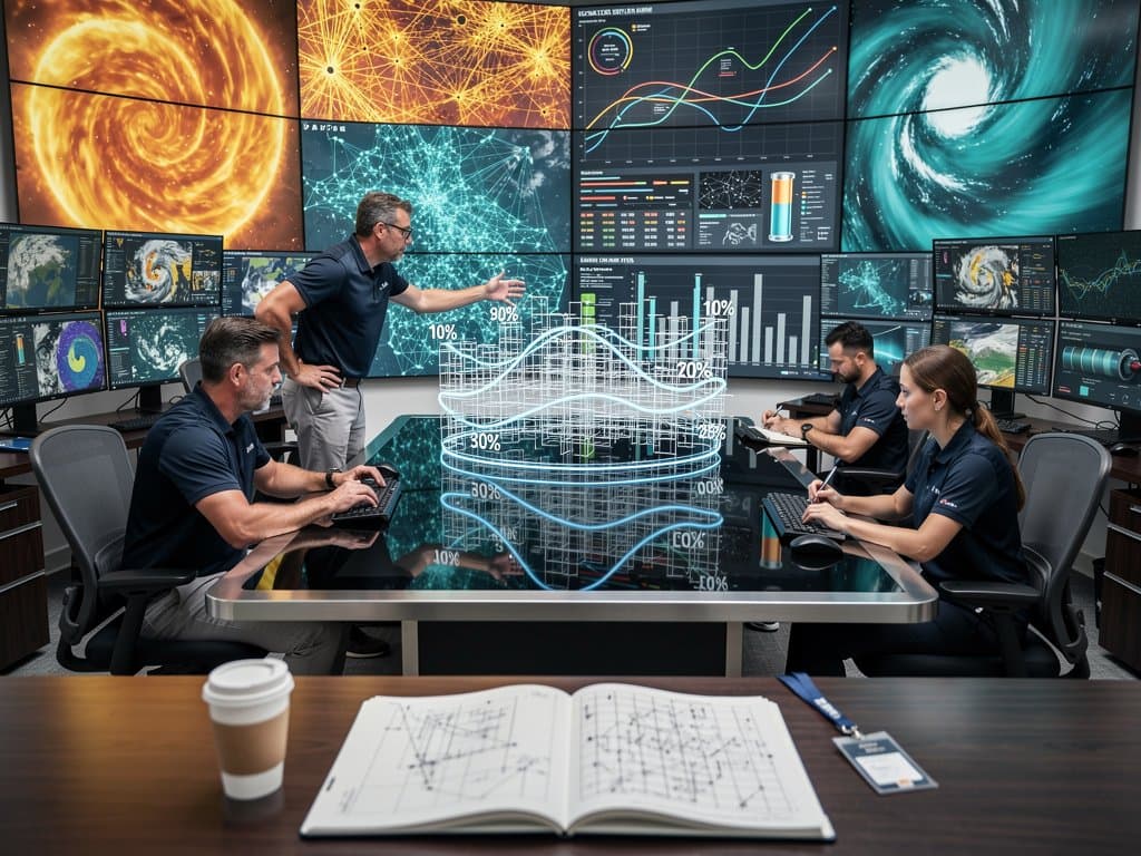 AI-driven energy control center displays solar-wind forecasts and grid storage optimization on advanced screens