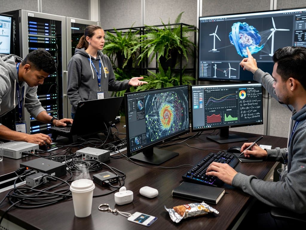 Monitors in modern lab display AI weather forecasts, grid simulations, battery charts, solar maps amid sleek desks and server racks