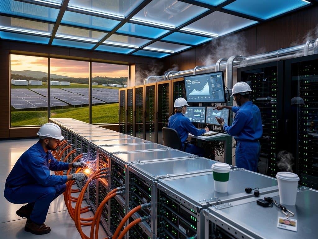 Battery racks and technicians in high-tech data center with server aisles, dashboards, and distant solar farm