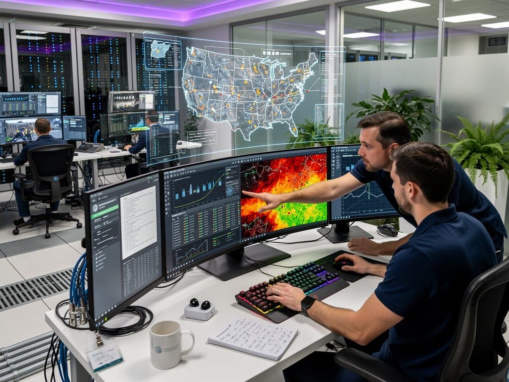 Engineers monitor AI cybersecurity dashboards for energy grids and solar storage in secure data center