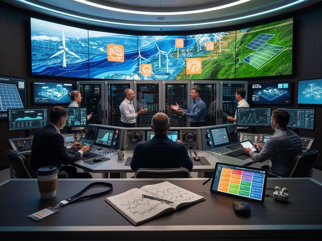 AI control room displays weather forecasts, renewable simulations, and battery optimization for grid storage