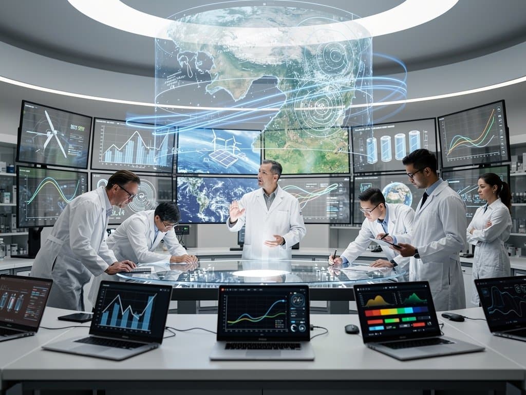 AI lab team visualizes renewable forecasts and battery optimization on advanced multi-monitor setups