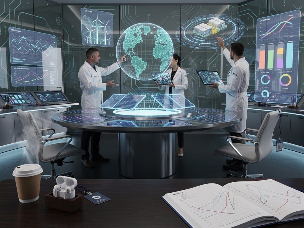 Holographic displays of AI predictive models overlaying battery cells and grid maps in futuristic control room