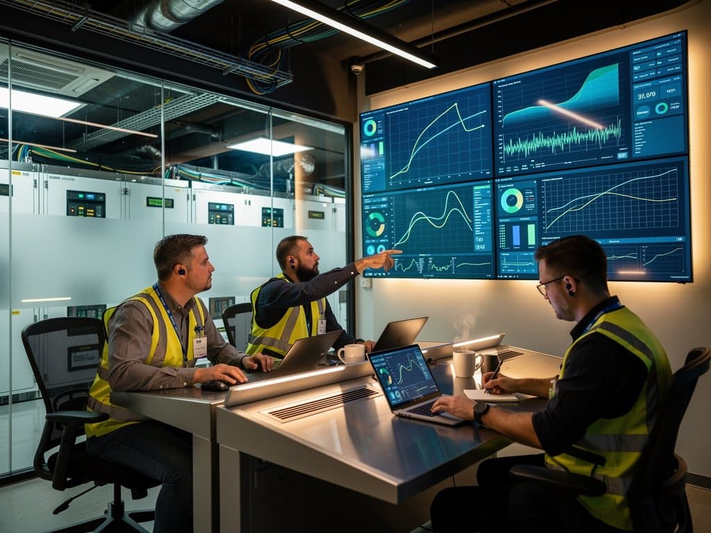 Engineers monitor battery discharge and AI load peaks on multi-screen consoles in a modern energy storage control room
