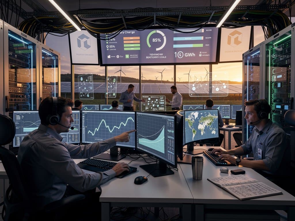 Server racks and monitors display grid data and Chainlink oracles in utility operations center