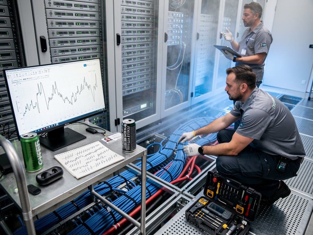 Grid storage monitors and battery racks in AI data center server room